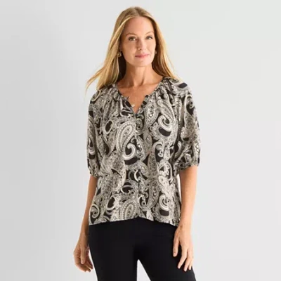 Liz Claiborne Womens Split Crew Neck Short Sleeve Blouse In Black