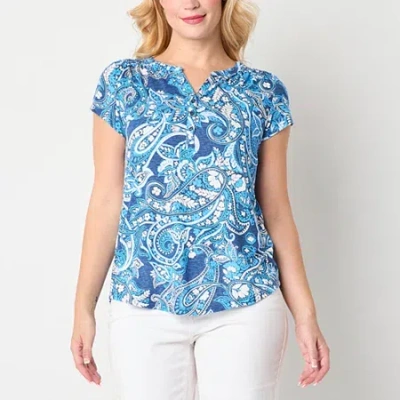 Liz Claiborne Womens Split Crew Neck Short Sleeve Blouse In Blue