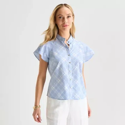 Liz Claiborne Womens Split Crew Neck Short Sleeve Blouse In Blue
