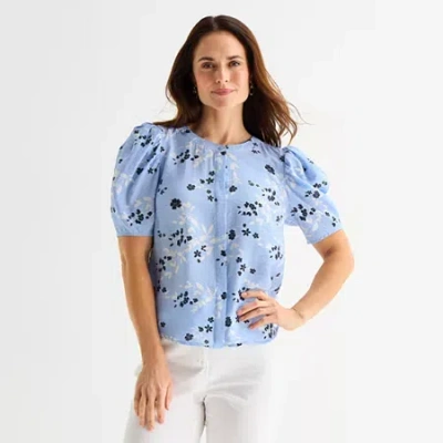 Liz Claiborne Womens Split Crew Neck Short Sleeve Blouse In Blue