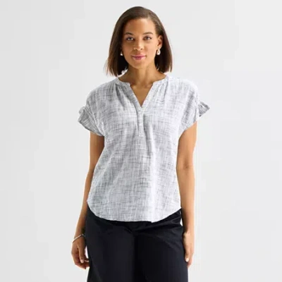 Liz Claiborne Womens Split Crew Neck Short Sleeve Blouse In Gray