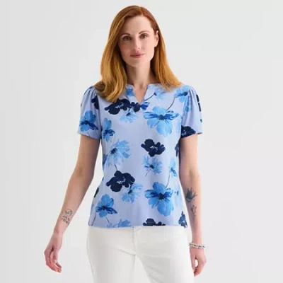 Liz Claiborne Womens Split Crew Neck Short Sleeve Blouse In Blue