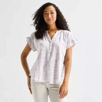 Liz Claiborne Womens Split Crew Neck Short Sleeve Blouse In White