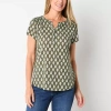 Liz Claiborne Womens Split Crew Neck Short Sleeve Blouse In Green