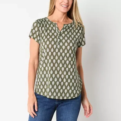 Liz Claiborne Womens Split Crew Neck Short Sleeve Blouse In Green