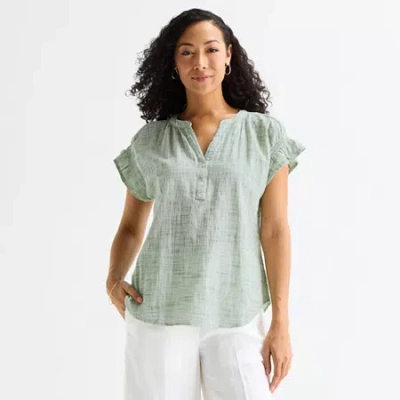 Liz Claiborne Womens Split Crew Neck Short Sleeve Blouse In Green