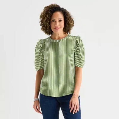 Liz Claiborne Womens Split Crew Neck Short Sleeve Blouse In Green