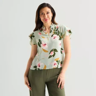 Liz Claiborne Womens Tall Split Crew Neck Short Sleeve Blouse In Green