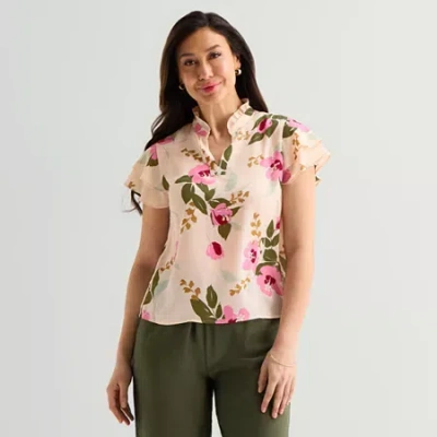 Liz Claiborne Womens Split Crew Neck Short Sleeve Blouse In Pink