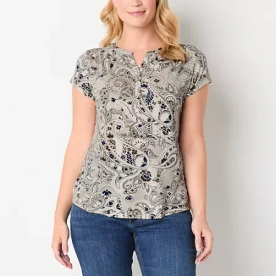 Liz Claiborne Womens Split Crew Neck Short Sleeve Blouse In Sand