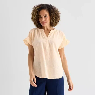 Liz Claiborne Womens Split Crew Neck Short Sleeve Blouse In Neutral