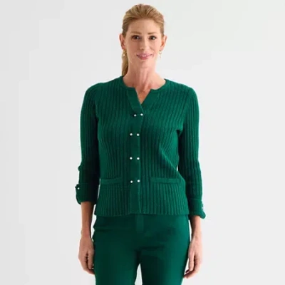 Liz Claiborne Womens Split Crew Neck Short Sleeve Pullover Sweater In Green