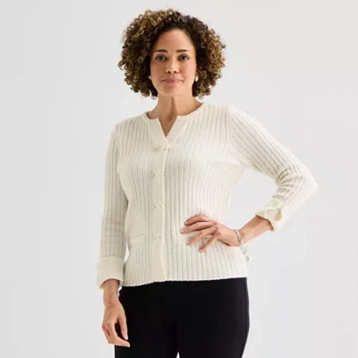 Liz Claiborne Womens Split Crew Neck Short Sleeve Pullover Sweater In White