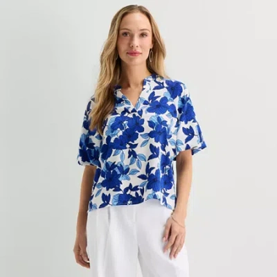 Liz Claiborne Womens Split Crew Neck Short Sleeve Satin Blouse In Multi