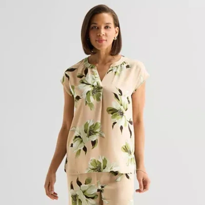 Liz Claiborne Womens Split Crew Neck Short Sleeve Satin Blouse In Multi