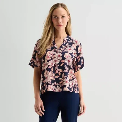 Liz Claiborne Womens Split Crew Neck Short Sleeve Satin Blouse In Multi