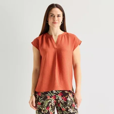 Liz Claiborne Womens Split Crew Neck Short Sleeve Satin Blouse In Red