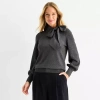 Liz Claiborne Womens Split Tie Neck Long Sleeve Pullover Sweater In Gray