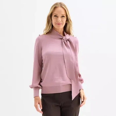 Liz Claiborne Womens Split Tie Neck Long Sleeve Pullover Sweater In Purple