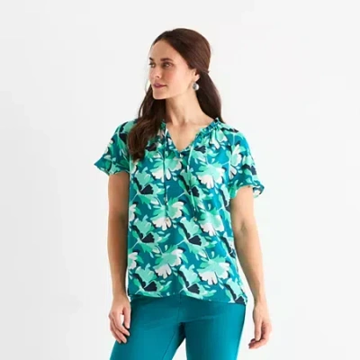 Liz Claiborne Womens Split Tie Neck Short Sleeve Blouse In Blue