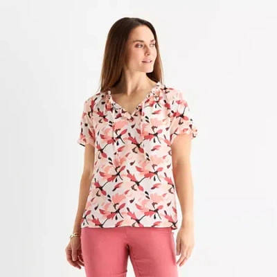 Liz Claiborne Womens Split Tie Neck Short Sleeve Blouse In Pink
