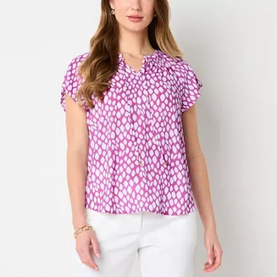 Liz Claiborne Womens Split Tie Neck Short Sleeve Blouse In Purple