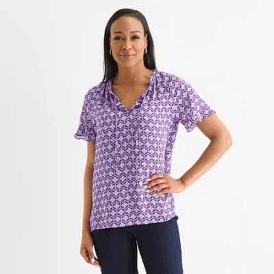 Liz Claiborne Womens Split Tie Neck Short Sleeve Blouse In Purple