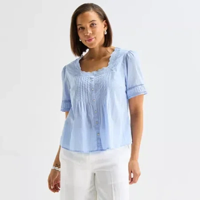 Liz Claiborne Womens Square Neck Short Sleeve Blouse In Blue