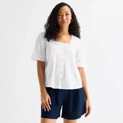 Liz Claiborne Womens Square Neck Short Sleeve Blouse In Blue