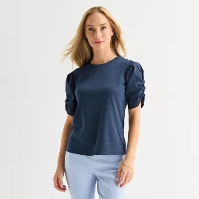 Liz Claiborne Womens Tall Crew Neck Elbow Sleeve Blouse In Blue