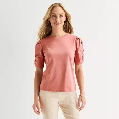 Liz Claiborne Womens Tall Crew Neck Elbow Sleeve Blouse In Pink