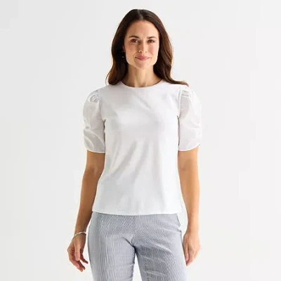Liz Claiborne Womens Tall Crew Neck Elbow Sleeve Blouse In White