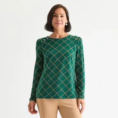 Liz Claiborne Womens Tall Crew Neck Long Sleeve Blouse In Green