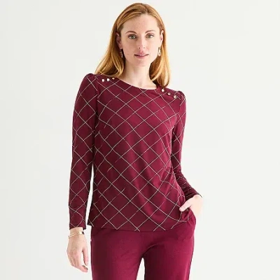 Liz Claiborne Womens Tall Crew Neck Long Sleeve Blouse In Red