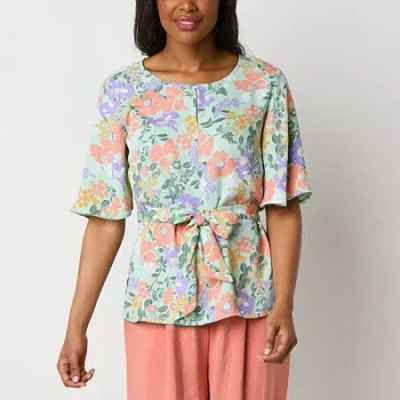 Liz Claiborne Womens Tall Keyhole Neck Short Sleeve Satin Blouse In Green