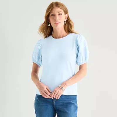 Liz Claiborne Womens Tall Round Neck Short Sleeve Blouse In Blue