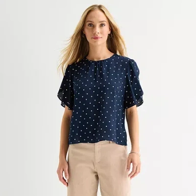 Liz Claiborne Womens Tall Short Sleeve Blouse In Blue