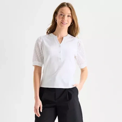 Liz Claiborne Womens Tall Split Crew Neck Elbow Sleeve Blouse In White