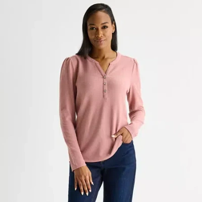 Liz Claiborne Womens Tall Split Crew Neck Long Sleeve Blouse In Pink