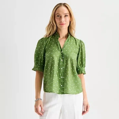 Liz Claiborne Womens Tall Split Crew Neck Short Sleeve Blouse In Green