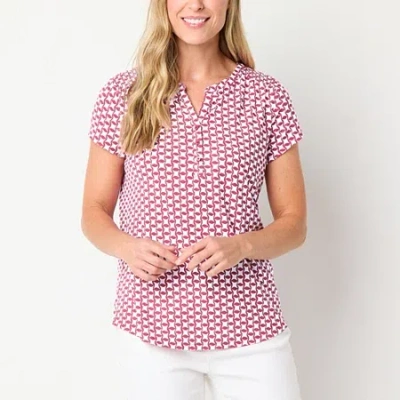 Liz Claiborne Womens Tall Split Crew Neck Short Sleeve Blouse In Red