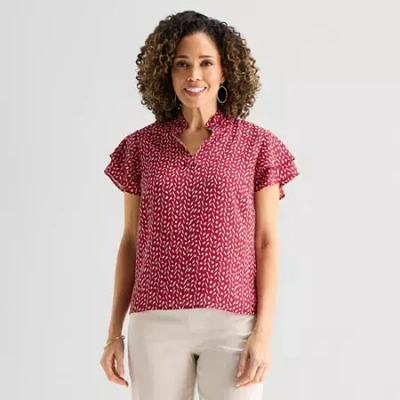 Liz Claiborne Womens Tall Split Crew Neck Short Sleeve Blouse In Brown