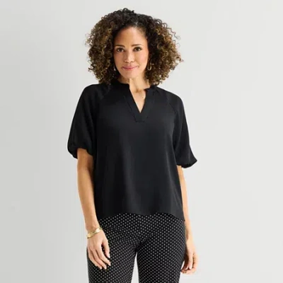 Liz Claiborne Womens Tall Split Crew Neck Short Sleeve Satin Blouse In Black