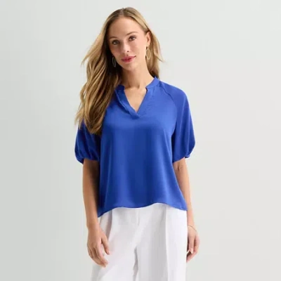 Liz Claiborne Womens Tall Split Crew Neck Short Sleeve Satin Blouse In Blue