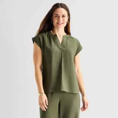 Liz Claiborne Womens Tall Split Crew Neck Short Sleeve Satin Blouse In Green