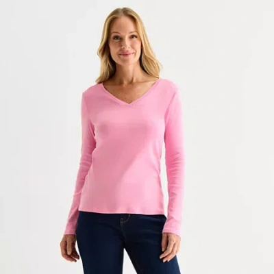 Liz Claiborne Womens Tall V Neck Long Sleeve T-shirt In Pink