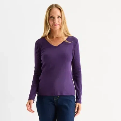 Liz Claiborne Womens Tall V Neck Long Sleeve T-shirt In Purple