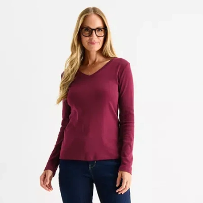 Liz Claiborne Womens Tall V Neck Long Sleeve T-shirt In Red