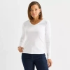 Liz Claiborne Womens Tall V Neck Long Sleeve T-shirt In White