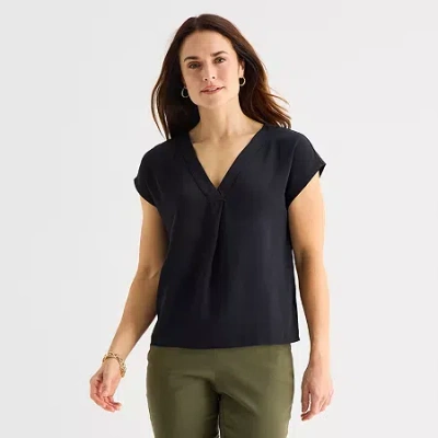 Liz Claiborne Womens Tall V Neck Short Sleeve Satin Blouse In Black
